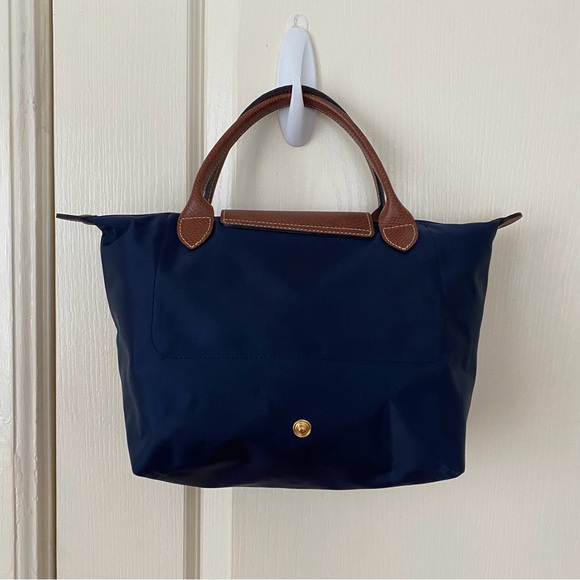 $150 Longchamp Le Pliage Navy Blue Nylon Brown Leather Tote Satchel Bag - Picture 11 of 16